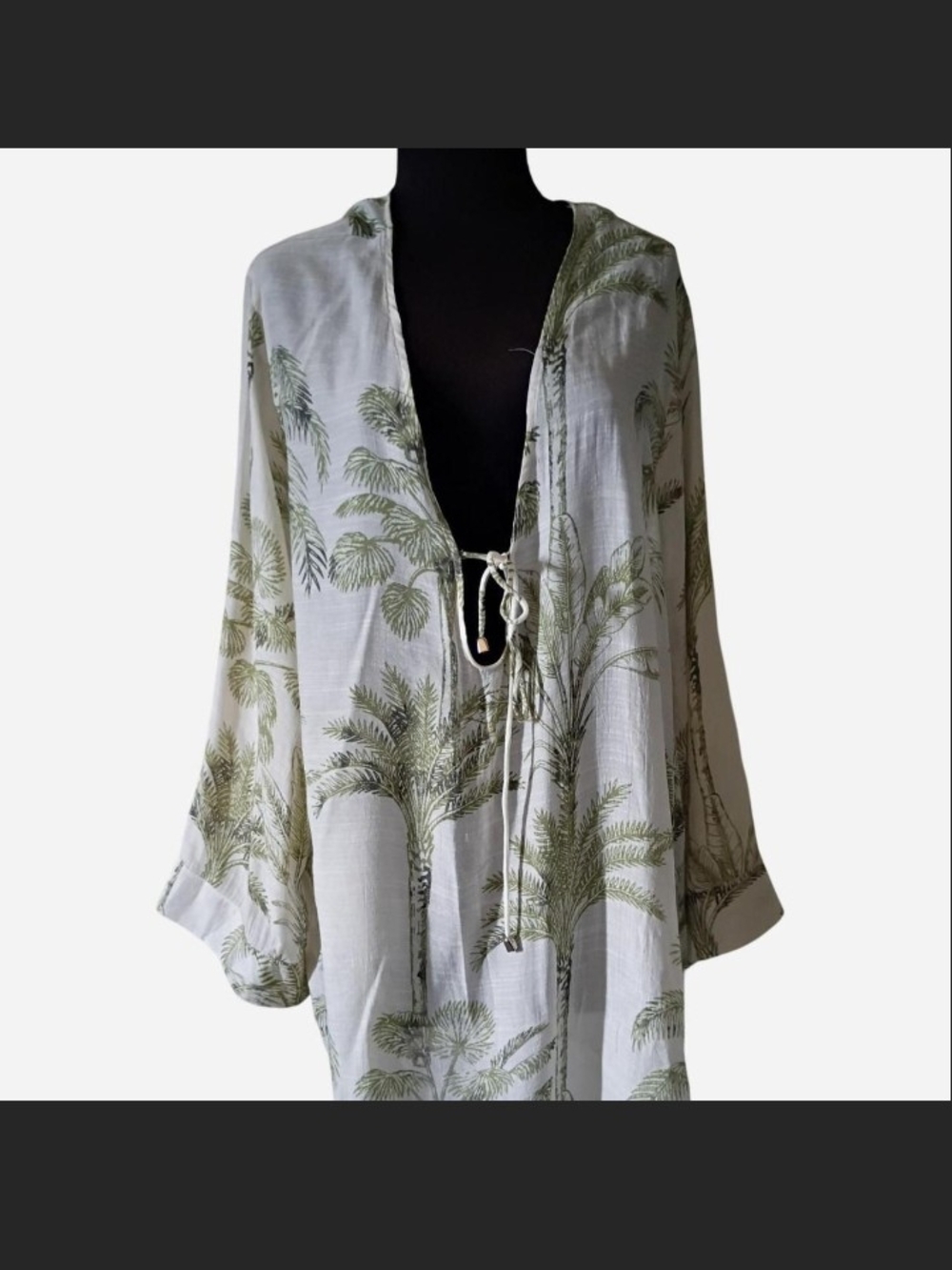 Palm-Print Tie-Front Tunic Top - Green on White